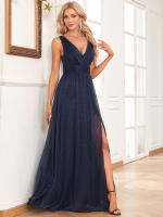 Vestido De Noche Para Mujer Brillante Chiffon Con Manga Doble V a Line Largo Hasta El Suelo Fiesta Vestido Con Abertura Lateral - details 12