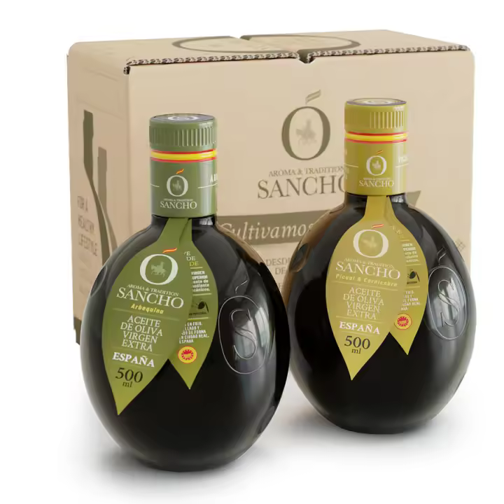 Aceite de Oliva Virgen Extra dúo Arbequina y Picual & Cornicabra pack 2 x 500 ml botella de vidrio | AOVE gourmet premium extraído en frío | Aroma & Tradition Sancho - 1