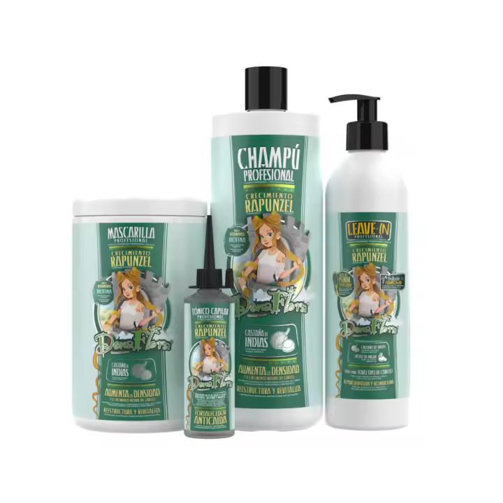 Pack Dona Flora Rapunzel Total – Champú 1000ml + Mascarilla Capilar 1000ml + Tónico Capilar 70ml + Leave-In 500ml | Crecimiento Cabello - 1