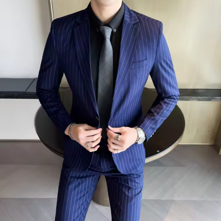 Traje De Moda Para Hombre Slim Fit Con Rayas Conjunto De Dos Piezas Casual Y Negocios Pantalones Y Chaqueta Para Primavera Y Otoño - 1