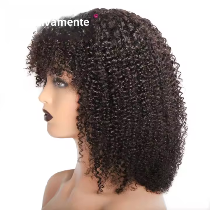 Pelucas De Cabello Brasileño Rizado Corto Con Franja Para Mujeres Peluca Mecánica De Cabello No Remy Tamaño Promedio Color Natural - 1