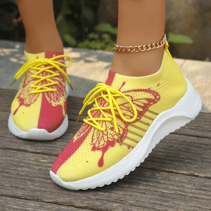 Zapatillas De Tenis Casuales Para Mujer Ligera Antideslizante Transpirable Con Estampado De Mariposa Zapatillas De Encaje Cordones De Moda 2024 - 1
