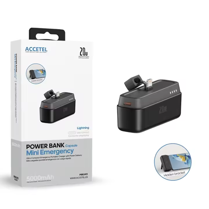 Mini Batería externa Auxiliar Lightning de Carga Rápida 5000mAh 20W PD 3.0 - Negro PBB2413B marca accetel - 1