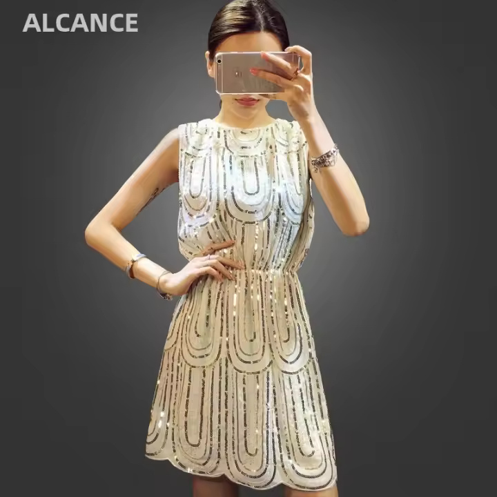 Vestido Mini De Encaje Para Mujer Estilo Casual Sin Mangas Con Cuello En V Vestido De Fiesta A-Line Zipper Cintura Elástica Polyester - 1