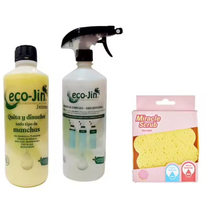 ECO JIN Amarillo Intense Original, 1L concentrado + difusor + exfoliante milagroso, limpieza perfecta sin limites ECO-JIN. Ecológico, Higiénizante, Bactericida, Anticalcareo, desinfectante y elimina cal. Componentes tensoactivos. Poderoso quitamanchas - 1