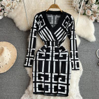 Vestido YuooMuoo Para Mujer Elegante Bodycon De Encaje Geométrico Con Manga Larga Estilo Y2K Para Otoño E Invierno Vestido De Oficina - details 1
