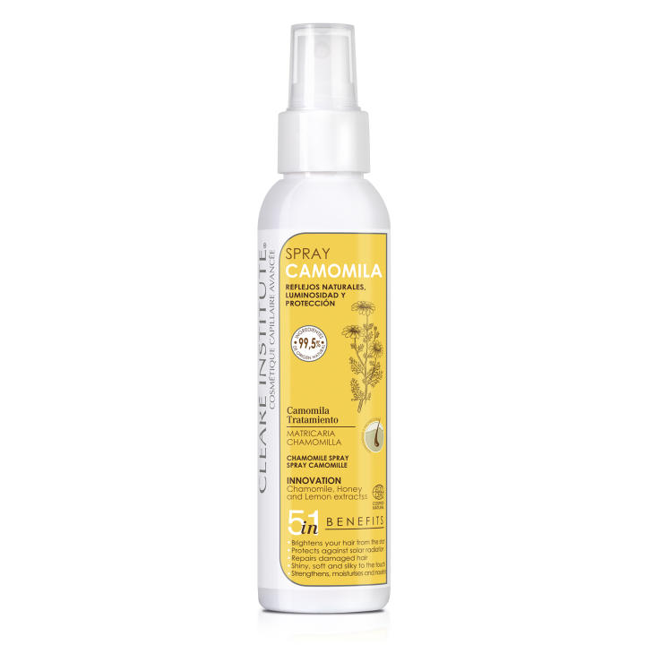 Clearé Institute - Spray Camomila Natural | Loción Aclarante de Cabello | Aclarador y Protector Solar. Reflejos Dorados | Niños y Adultos | Apto Método Curly | 99% Ingredientes Naturales | 125 ml