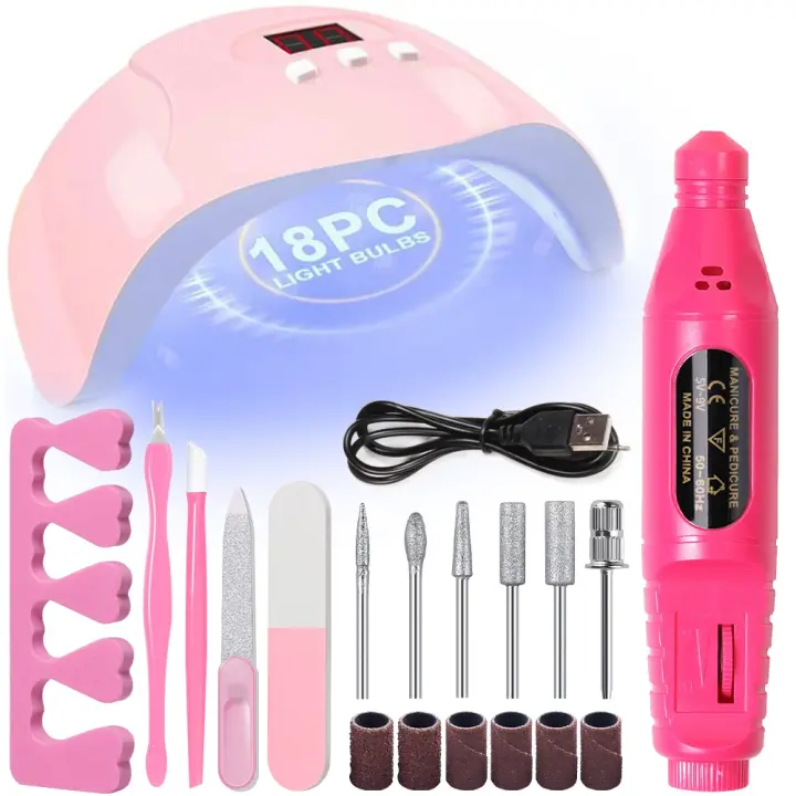 Kit De Manicura LED UV Con Máquina De Taladro Para Eliminar Piel Muerta Set De Herramientas De Uñas 18pcs Lámpara Profesional ABS Recargable 54W - 1