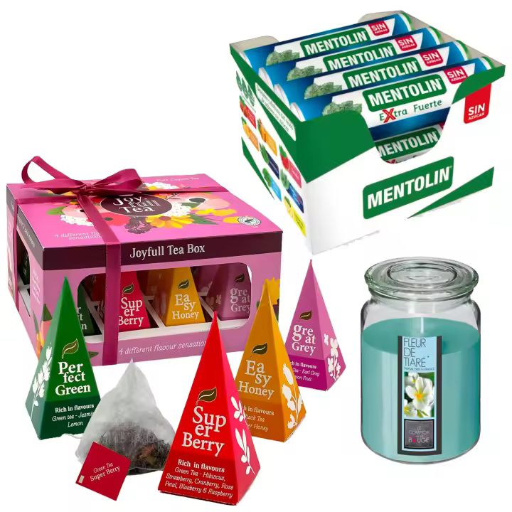 Pack relax: MENTOLIN EXTRA FUERTE S/A TUBO 12X20G + WELL HOME - Vela con flor tiare + WELL HOME - Caja de Té Joyfull con variedad de sabores - 1