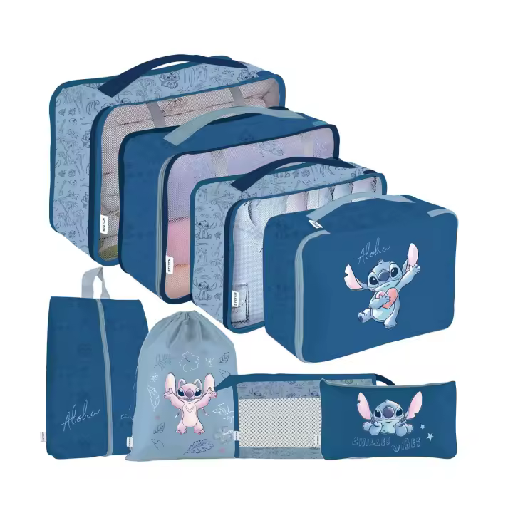 SET DE VIAJE ORGANIZADOR DE EQUIPAJE DE 8 PZAS DE LILO & STITCH Producto Oficial Para Niños y Niñas - 1
