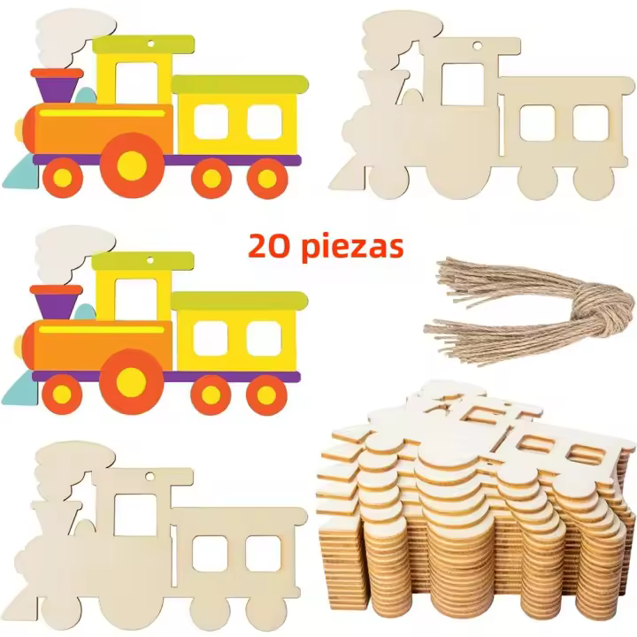 20 Pack Cortes De Tren De Madera No Terminados Para Manualidades DIY Etiquetas De Regalo Decoración De Pared Para Fiestas Y Vacaciones - 1