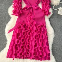 Vestido Elegante De Mujer 2024 Pleated Miyak Primavera Otoño V-Neck Suéter Beaded Exquisito Cinturón A-Line Midi Vintage Polyester - details 18