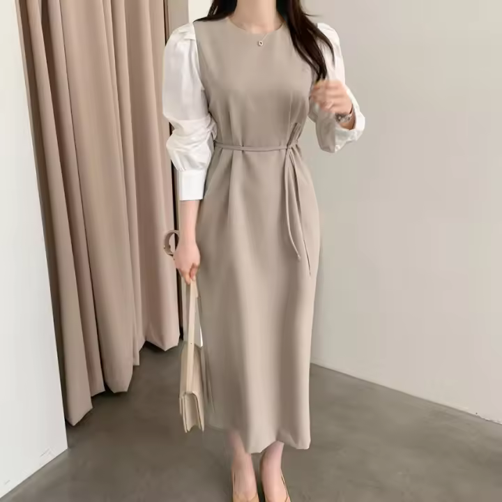 Vestido Wrap Vintage REALEFT Para Mujer Con Cinturón Manga Larga Cuello Redondo Adecuado Para Oficina Estilo Elegante Talla Regular Longitud De Pierna - 1