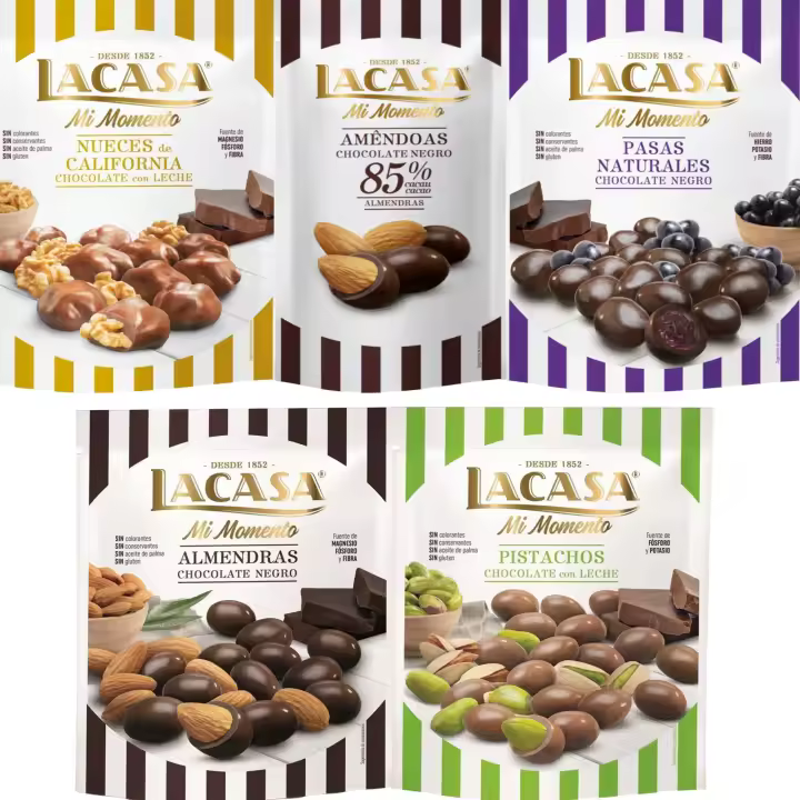 Lacasa Mi Momento pack de 5:Almendra 85% 65G,Nueces Leche 115G,Pasas choco Negro 150G,Almendra choco Negro 125G,Pistacho Leche 100G - 1