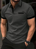 Camisa Polo Para Hombre Moda Negocios Casual Cuello Redondo Manga Corta Formal Rayas Patchwork Verano Negro Camiseta Ropa Hombre - details 4