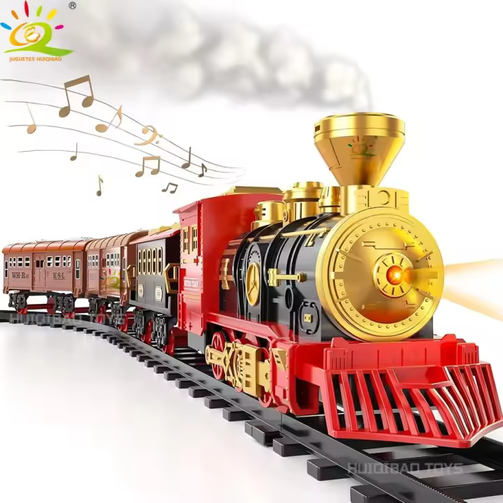 Juguete Eléctrico De Navidad HUIQIBAO Tren Clásico Retro Con Locomotora Y Carro De Carga Pista Larga Con Luz Y Sonido Fuma - 1