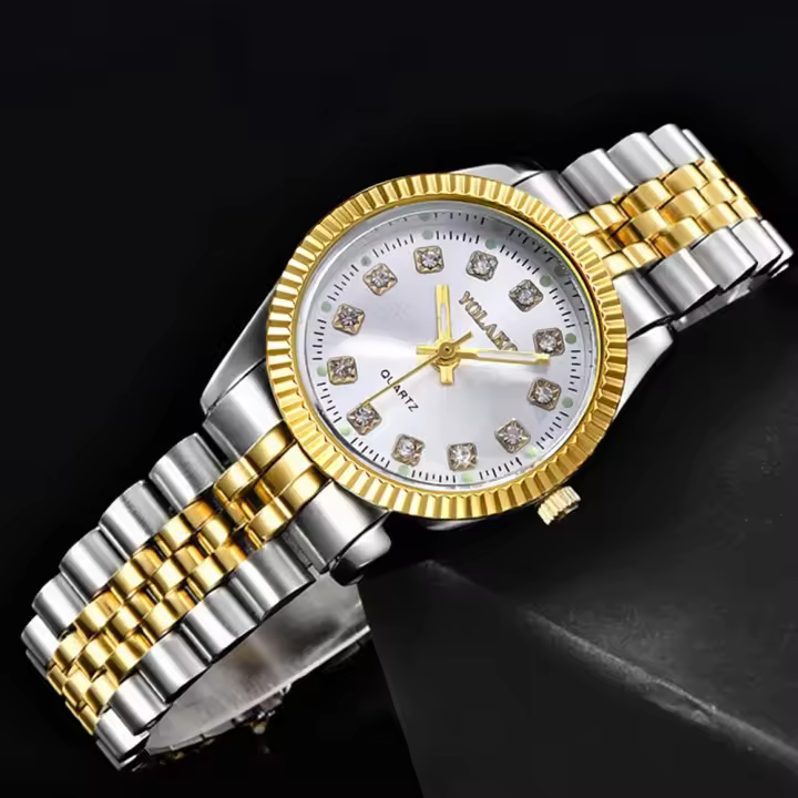 Reloj De Cuarzo Para Mujer Versátil De Moda Y Negocios Con Inserción De Diamante En Aleación Dorada Anillo De Acero Inoxidable Sin Resistencia Al Agua - 1