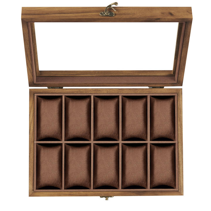 SONGMICS Caja para Relojes con 10 Compartimentos, Caja para Relojes de Madera Maciza, con Tapa de Cristal, Cojín para Relojes, Regalo para Queridos, Nogal Rústico, Regalo de Navidad