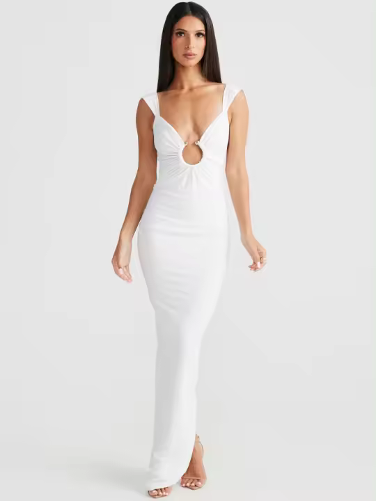 Vestido Maxi Elegante Hugcitar Sin Mangas Con Tirantes Y Abertura En La Espalda Para Mujer Estilo Casual De Verano Con Loop Metálico Y Draped - 1