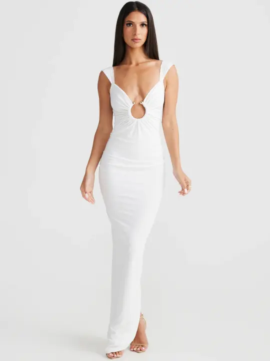 Vestido Maxi Elegante Hugcitar Sin Mangas Con Tirantes Y Abertura En La Espalda Para Mujer Estilo Casual De Verano Con Loop Metálico Y Draped - 1
