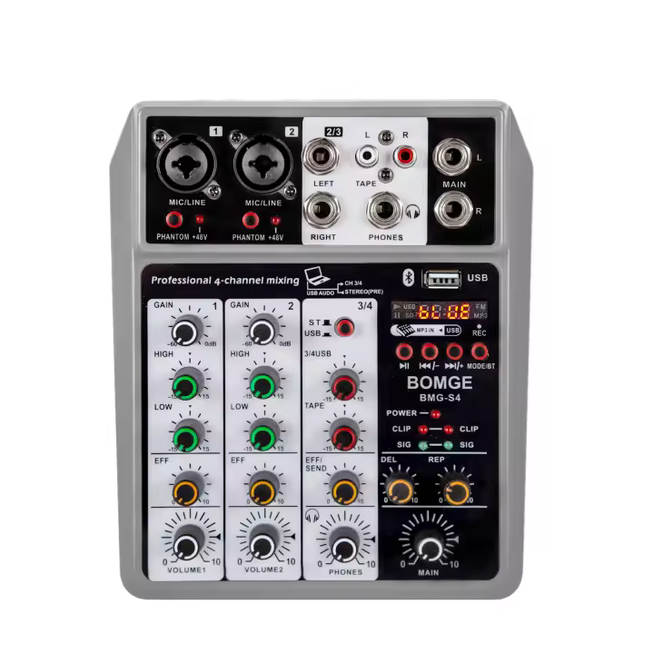 BOMGE Mixador De Audio Profesional 4 Canales Con Bluetooth Y Efecto Eco Delays Entrada 48V Fantasma Consola De Mezcla Digital USB - 1