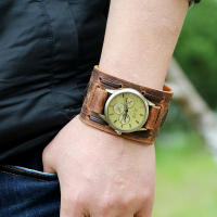 Reloj De Pulsera Para Hombre Punk Retro Con Correa Ancha De Cuero Reloj Militar De Cuarzo Con Pulsera De Cuero Display Sin Números - details 11