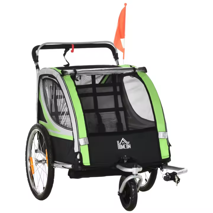 HOMCOM Remolque de Bicicleta para Niños +18 Meses 2 en 1 Cochecito de Paseo de 2 Plazas con Freno de Mano Cinturón de Seguridad Bandera y Reflectores 142x75x101 cm Verde - 1