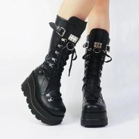 SP Botas Martin de Tacón de cuña para Mujer, BOTAS de cuero de Suela Gruesa De Tubo Medio Estilpunk with Remaches de gran tamaño para otoño E invierno. - details 2