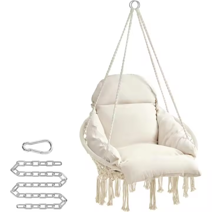 Hamaca Silla, Silla Colgante, Cojín Grande y Grueso, Boho para Dormitorio, Balcón, Jardín, Sala de Estar, Soporta hasta 120 kg, Incluyen Accesorios, Blanco Crema GDC042M01 - 1