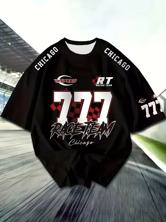 Camiseta Deportiva Casual Para Hombres Talla Grande Con Estampado De Carreras #77 Cuello Redondo Manga Corta Elástica Blending De Poliéster Transpirable Ligera Y De Secado Rápido - 1