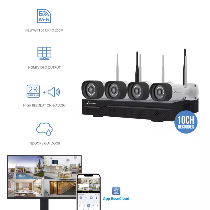NIVIAN Kit de Cámaras WiFi CCTV 2K IA Detección de Humanos, Audio Bidireccional, Visión Nocturna Dual, Grabación, App EseeCloud, Salida HDMI para TV/Monitor NV-KIT1030W6-4CAM - 1