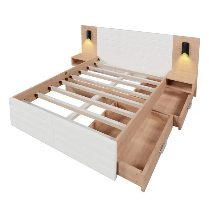 Cama Doble Moderna Roble/Blanco 160 × 200 cm-Con 2 Cajones, 2 tocadores, Luz de Lectura with Carga USB (Sin Colchón) - 1