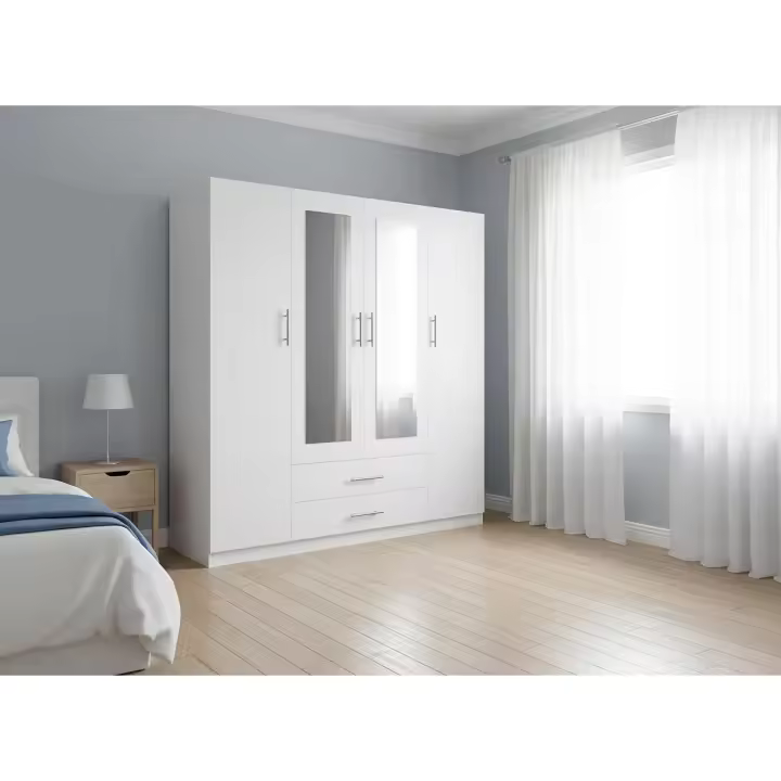Armario de Dormitorio 4 Puertas W, con Espejo, Blanco - 1