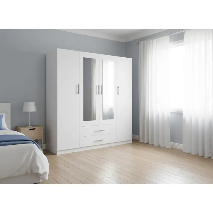 Armario de Dormitorio 4 Puertas W, con Espejo, Blanco - 1