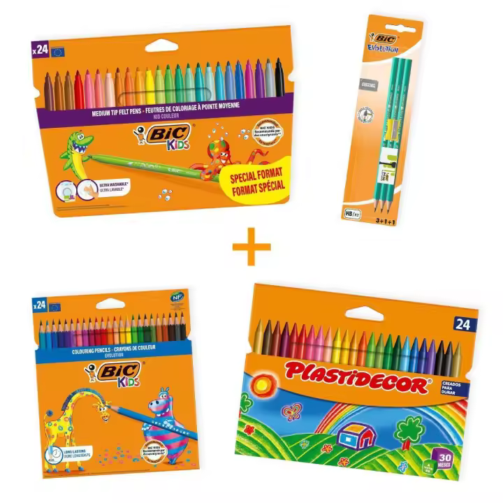 BIC Pack Coloreado y Escritura - Set de 24 lápices de colores Evolution, 24 ceras Plastidecor, 24 rotuladores lavables Kid Couleur y 1 conjunto de escritura (3 lápices de grafito HB, 1 goma de borrar y 1 sacapuntas) - 1