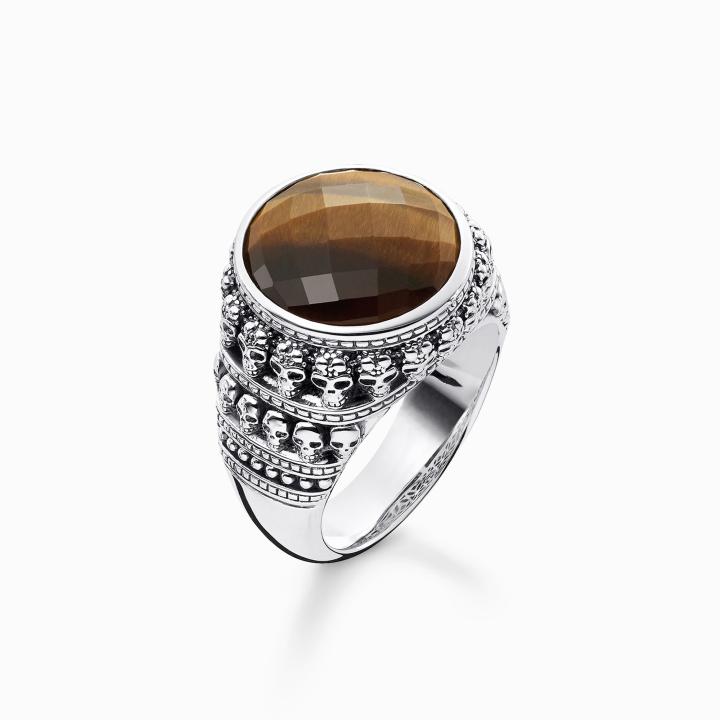 Thomas Sabo Anillo Unisex Calavera Ojo de Tigre Plata de Ley 925 TR2005-826-2-58