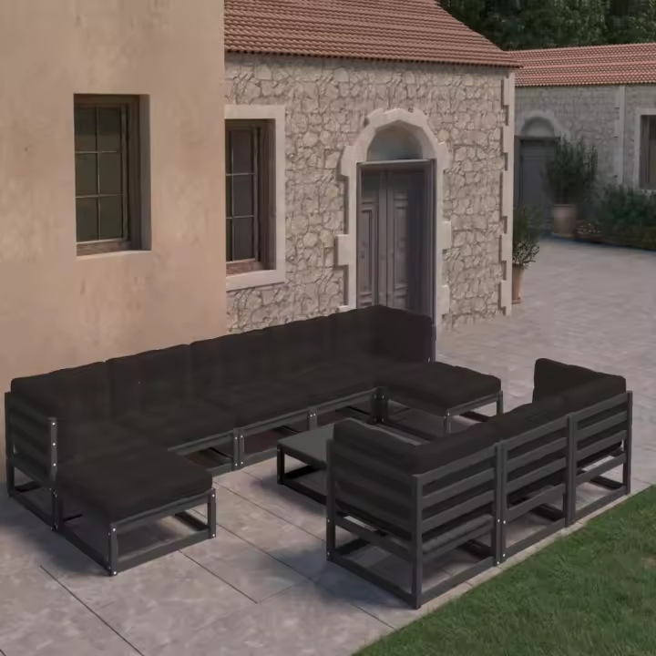 vidaXL Set de muebles de jardín 10 pzas con cojines madera pino negro - 1