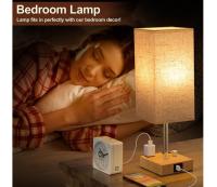 Lámpara de mesa con Atención continua y perilla con Puerto de Carga, equipada para dormitorio, Sala de estar, lámpara de Noche, Pantalla de Tela With BASE DE Veta de Madera with bombilla - details 2