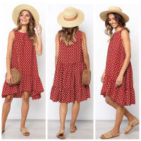 Vestido De Polka Dot Con Volantes Para Mujer Sin Mangas Cuello Redondo Corte Largo Casual Vestido De Verano De Polyester - details 5