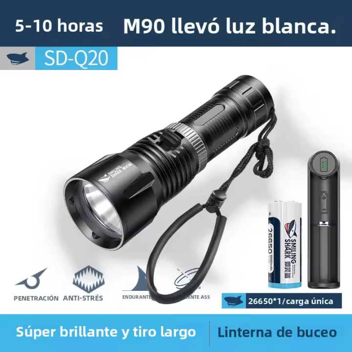 Lampara Submarina Recargable LED Smiling Shark SDQ20 Diving Flashlight Con Correa Torcha Super Brillante Para Natación Profunda Material De Aluminio - 1