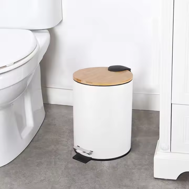 Cubo de basura Metal Con Tapa Bambú Caída Amortiguada 3 L, Papelera con pedal pequeño para Baño - 1
