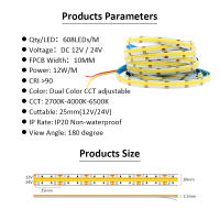 Tiras LED COB CCT 24V DC12V 608LEDs FCOB Luz Dimmable Doble Color 10MM PCB 1M 3M 5M Alta Densidad Flexibles Ra90 Cinta Lineal - details 4