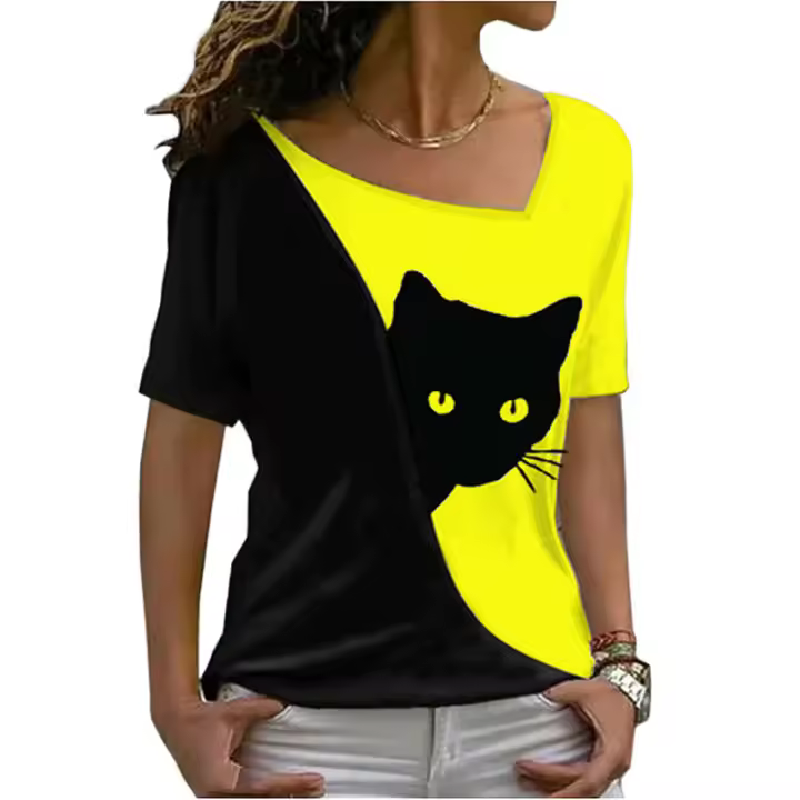 Blusa De Verano Para Mujer Estilo Nuevo Con Cuello Inclinado Y Estampado De Gato Negro Manga Corta Camiseta Casual De Polyester Y Spandex - 1