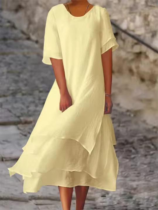 Vestido Largo De Color Sólido Para Mujer Verano 2024 Vuelta En V Manga Media Irregular Ropa De Vacaciones Playa Robe Casual - 1