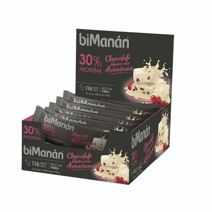 biManán  Barritas Proteicas de Chocolate Blanco con Arándanos, Alimento Hiperproteico que Ayuda a Tonificar la Masa Muscular, Contine un 30% de Proteínas, Perfectas para Consumir Después del Ejercicio – Expositor 20 Unidades (700 g) - 1