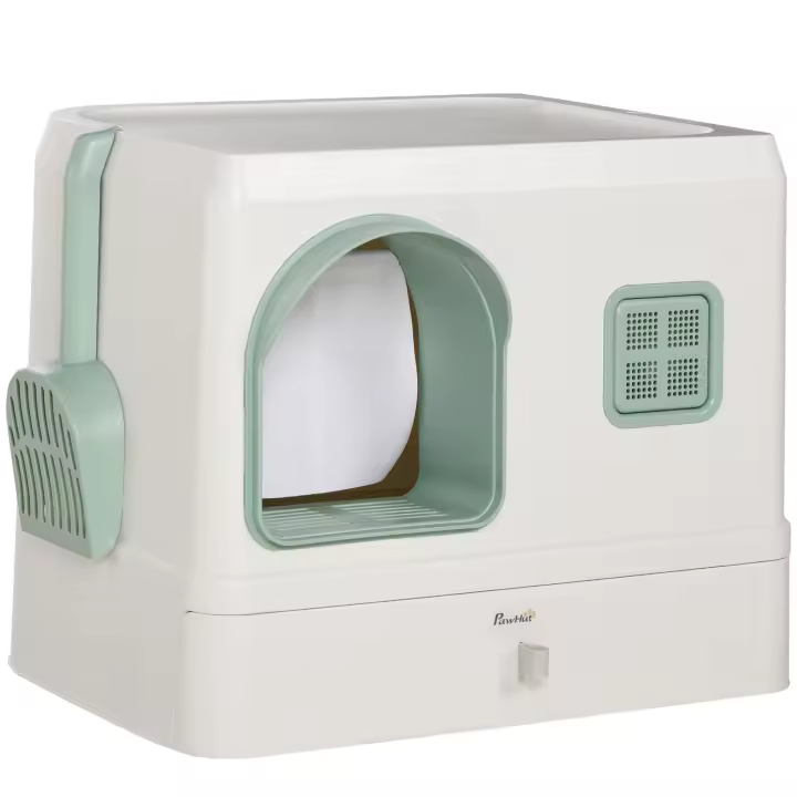 PawHut Arenero Cerrado para Gatos Caja de Arena para Gatos con Bandeja Extraíble Entrada con Cortina Pala y Filtro Desodorizante 50x40x40 cm Blanco - 1