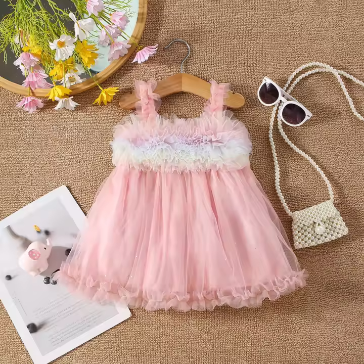 Vestido De Princesa Para Bebé Niña Verano Colores Variados Malla Patchwork Sin Mangas Medio Tamaño Para Fiesta Cumpleaños Y Actuaciones - 1