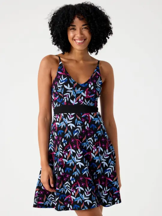 Vestido corto con tirantes ajustables con un original diseño en tejido elástico con estampado de hojas y escote en pico INSIDE - 1