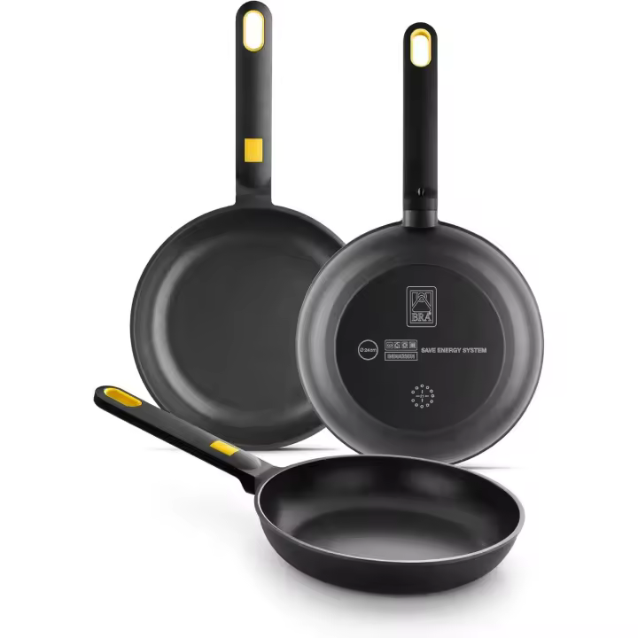 Daily Pro Set 3 sartenes Aluminio fundido 20-24-28 cm antiadherentes tricapa sin PFOA, Aptas para todo tipo de cocina E inducción, Color Negro Y Amarillo - 1