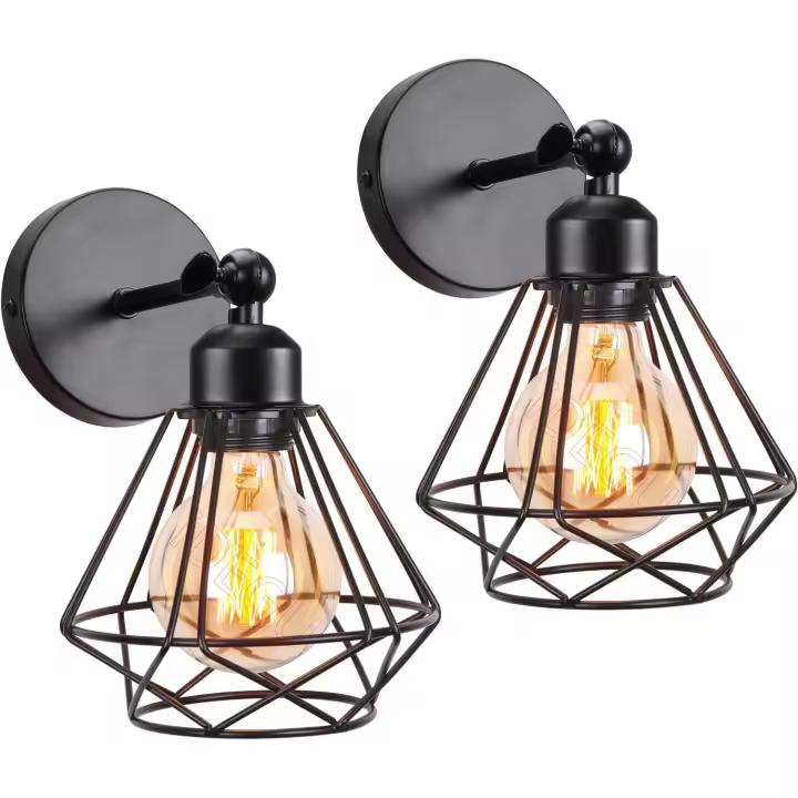 Lámparas de Pared Vintage 15CM Aplique Interior de Madera Metal Industrial Diseño de Jaula Luz Ajustable Retro - 1